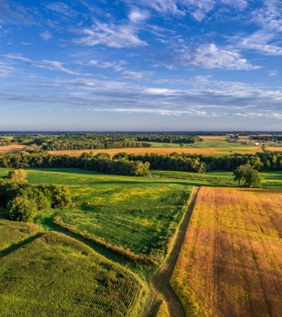 An aerial drone photo over the fields and dirt road lanes in the fields during the golden light of the morning.